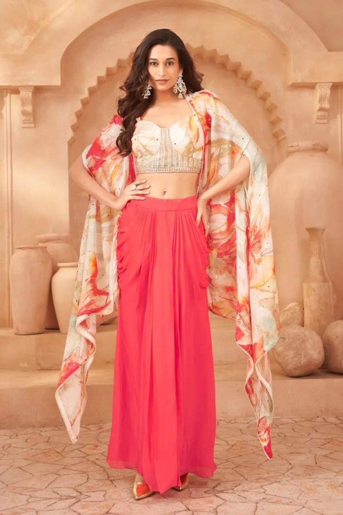 Offwhite Color Party Wear Designer Indo-Western Skirt Choli with Koti