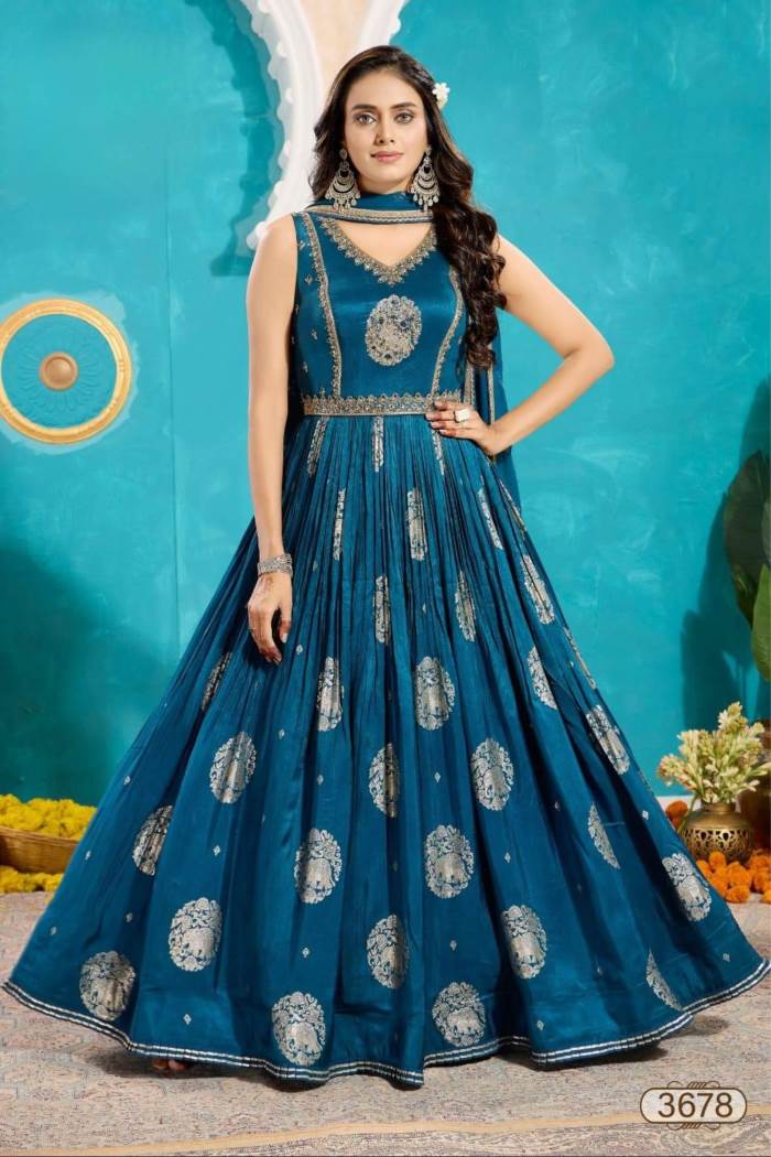 Peacock Color Party Wear Designer Gown