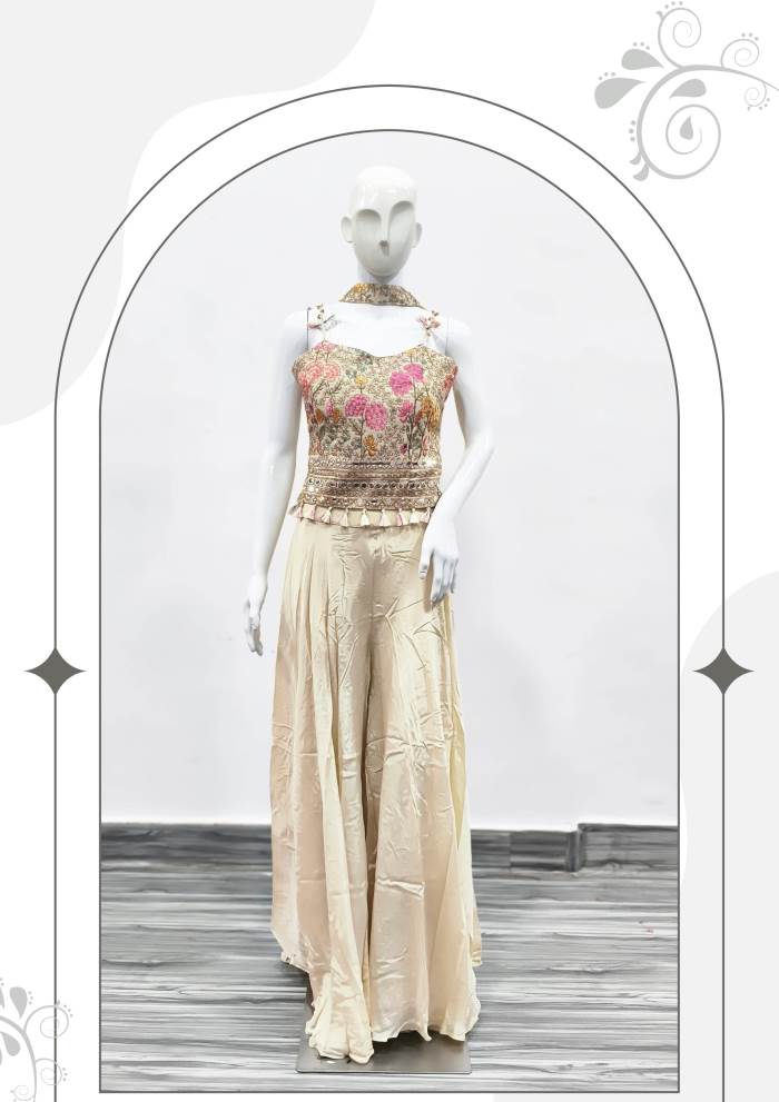 Cream Color Party Wear Designer Indo-Western Plazo Suit