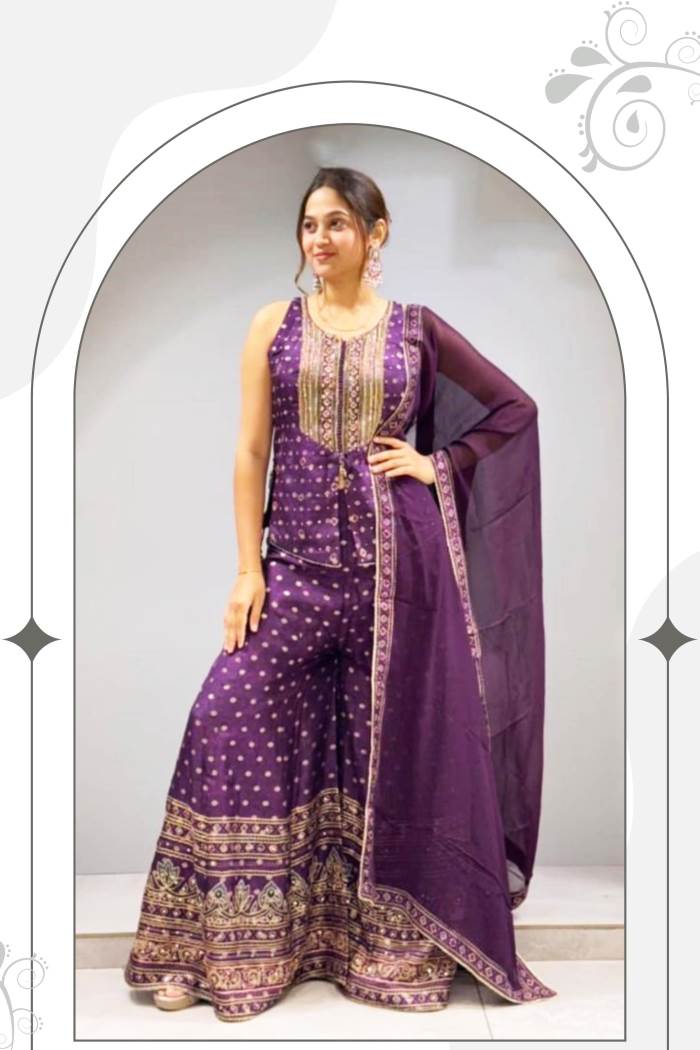 Wine Color Party Wear Designer Indo-Western Plazo Suit