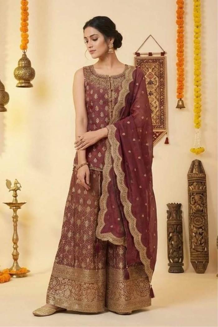 Onion Color Party Wear Designer Indo-Western Plazo Suit