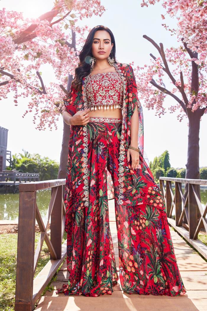 Cherry Color Party Wear Designer Indo-Western Plaazo With Koti