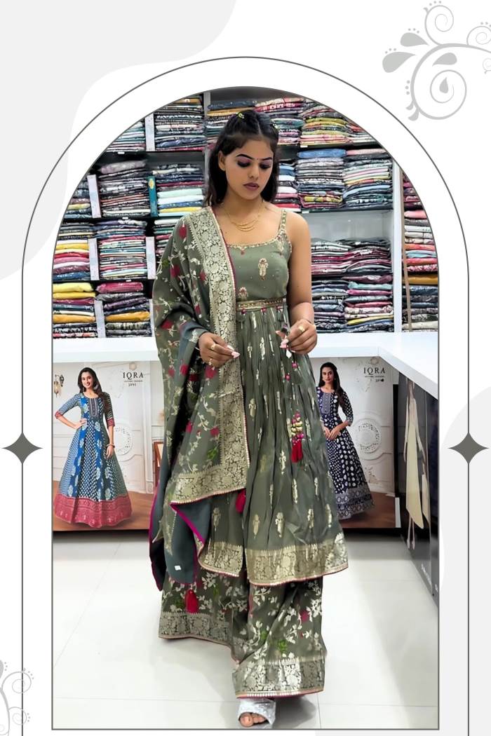 Grey Color Party Wear Designer Indo-Western Plazo Suit