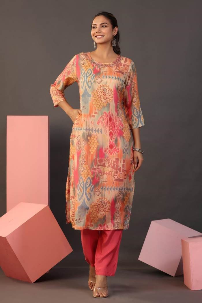 Peach Color Casual Wear Kurti Set