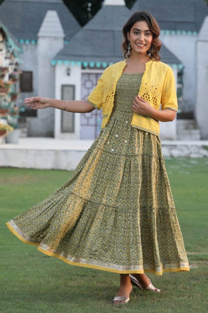 Mehndi Color Casual Wear Gown Kurti With Koti