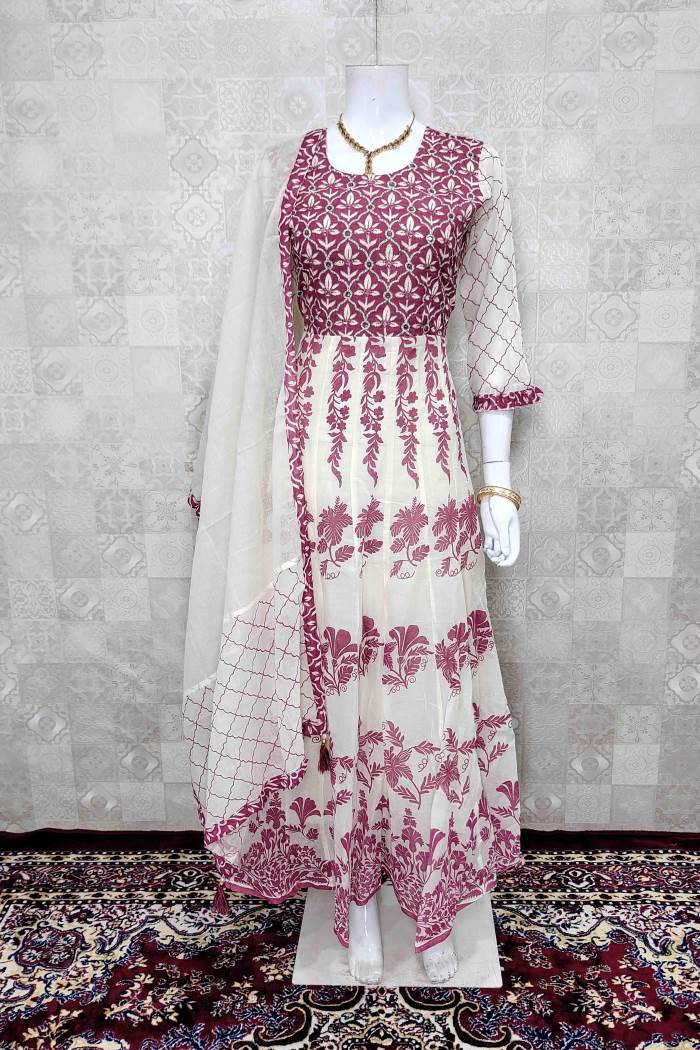 Wine and White Color Combination Gown Kurti