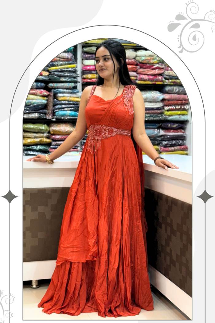 Rust Color Party Wear Designer Gown