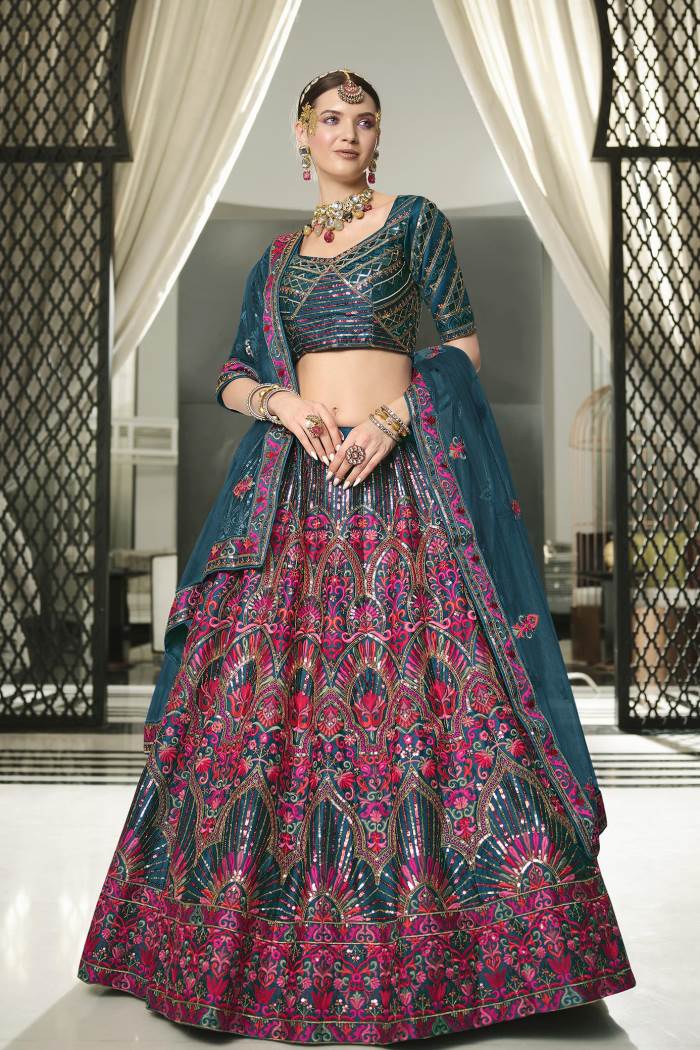 Teal Blue Color Wedding Wear Designer Semi-Stitched Lehenga Choli