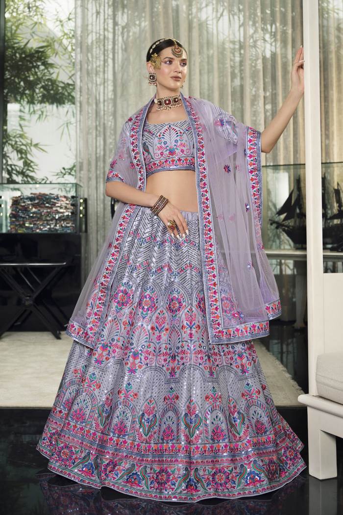 Violet Color Wedding Wear Designer Semi-Stitched Lehenga Choli