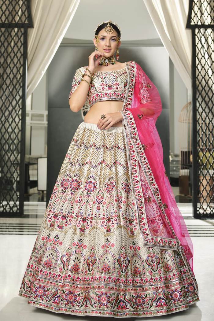White and Pink Color Wedding Wear Designer Semi-Stitched Lehenga Choli