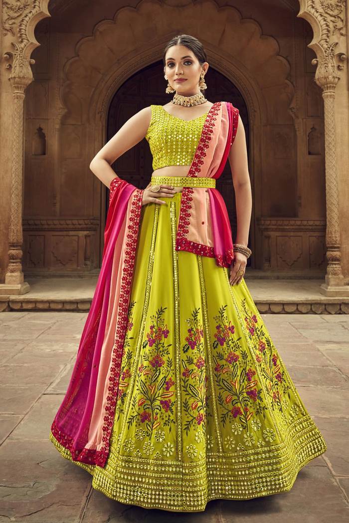 Flourcent Green Color Wedding Wear Designer Semi-Stitched Lehenga Choli