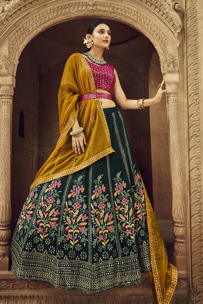 Green Rani Color  Wedding Wear Designer Semi-Stitched Lehenga Choli