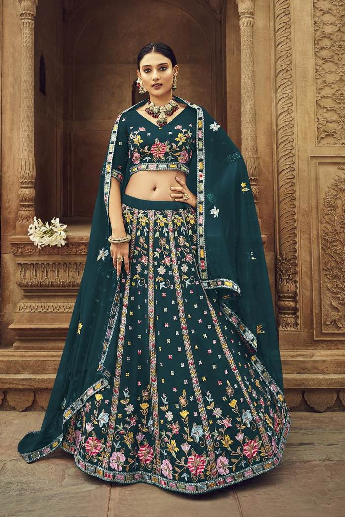 Teal Blue Color Wedding Wear Designer semi-Stitched Lehenga Choli