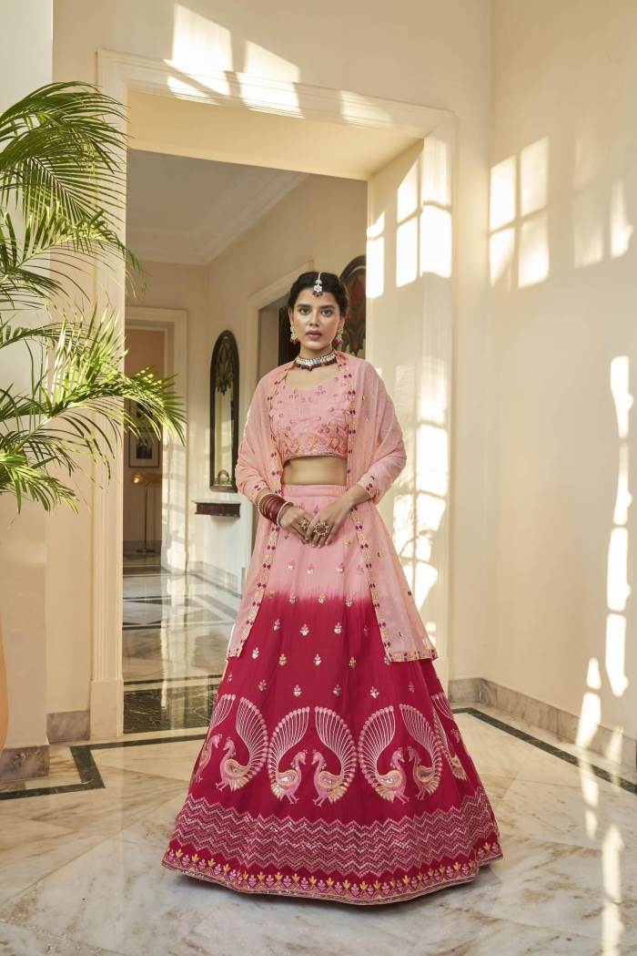 Peach & Deep Pink Color Wedding Collection Designer Semi-Stich Lehenga Choli