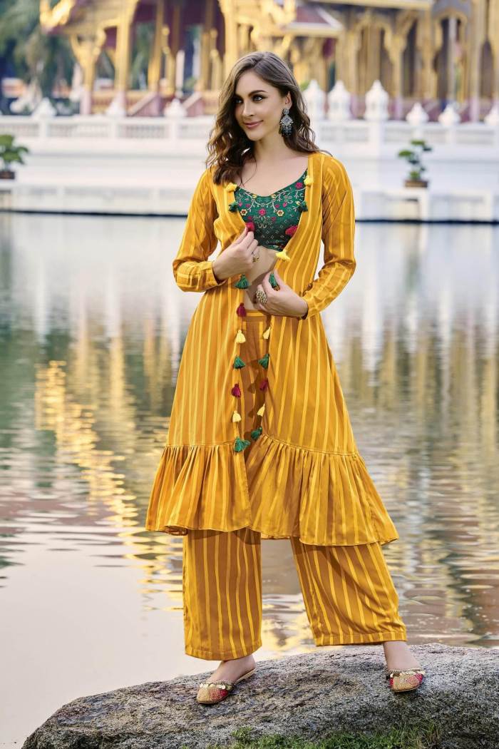 Green & Yellow Color Party Wear Designer Indo-Western Plaazo With Koti
