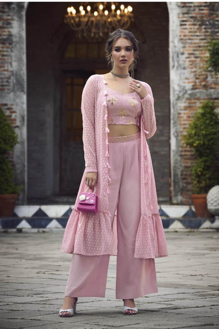 Dusty Pink Color Party Wear Designer Indo-Western Plaazo With Koti