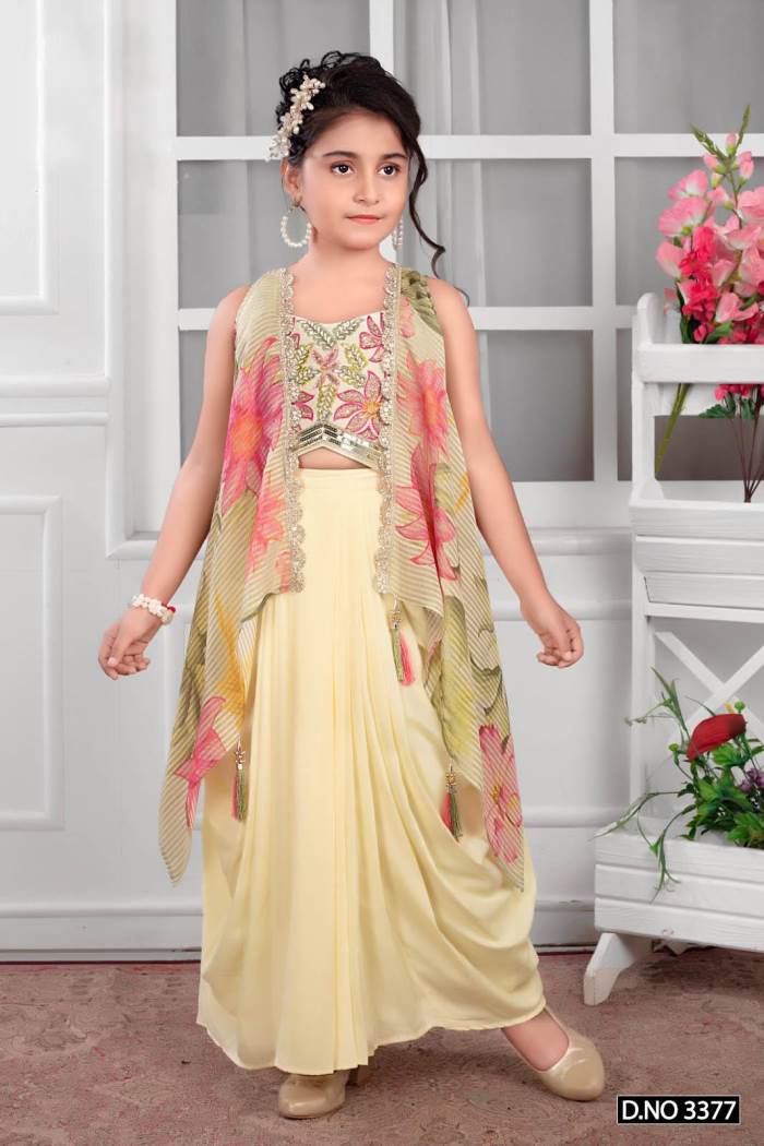 Yellow Color Party Wear Girls Wear Skirt Choli with Koti