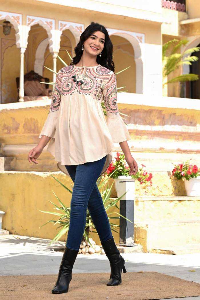 Offwhite Color Casual Wear Short Kurti