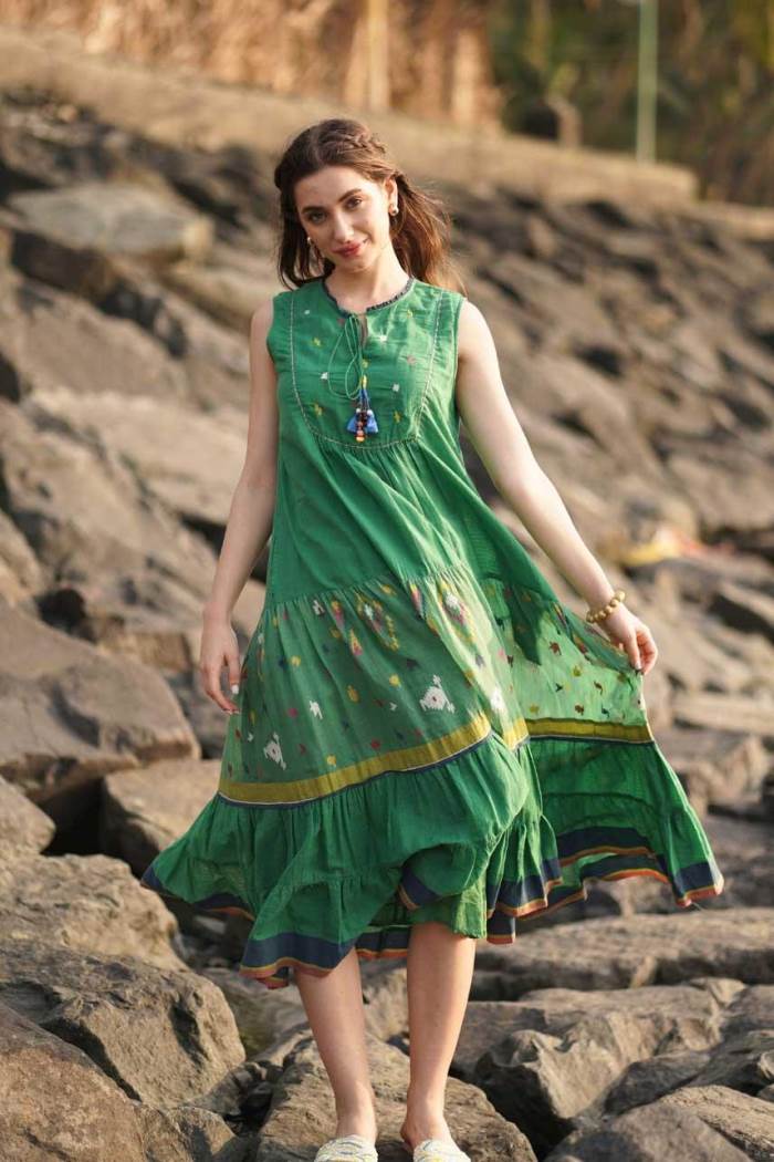Green Color Casual Wear Pure Cotton Gown Kurti