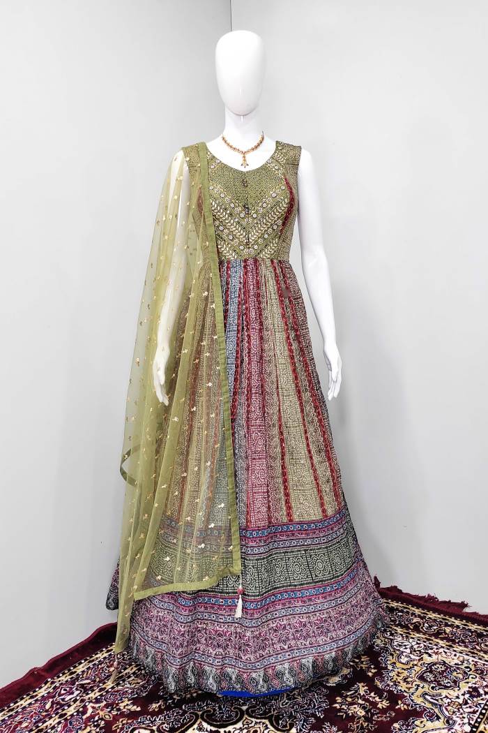 Mehndi Color Party Wear Designer Gown 
