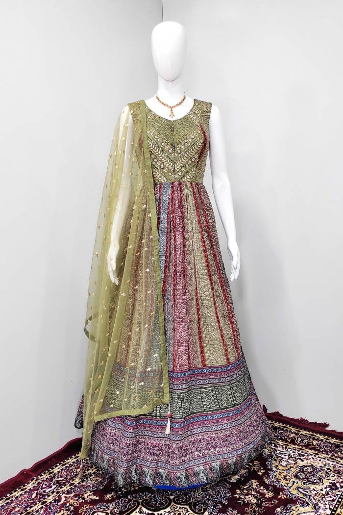 Mehndi Color Party Wear Designer Gown 