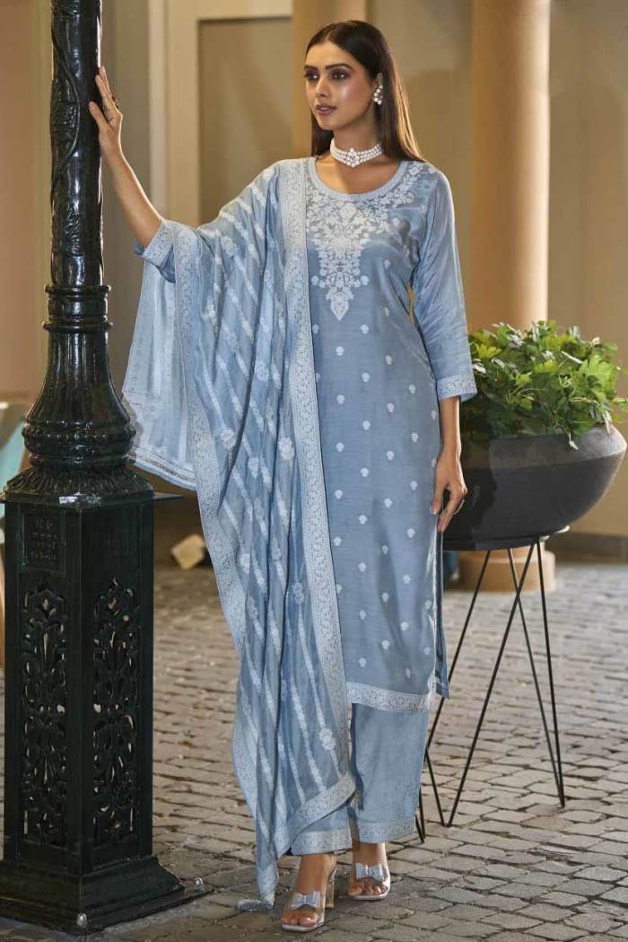 Sky Color Party Wear Designer Kurti Set
