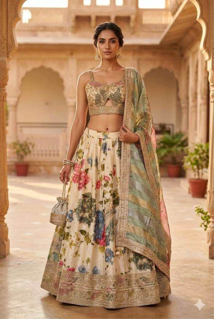 Cream Colour Designer Wedding Collection Floral Lehenga Choli