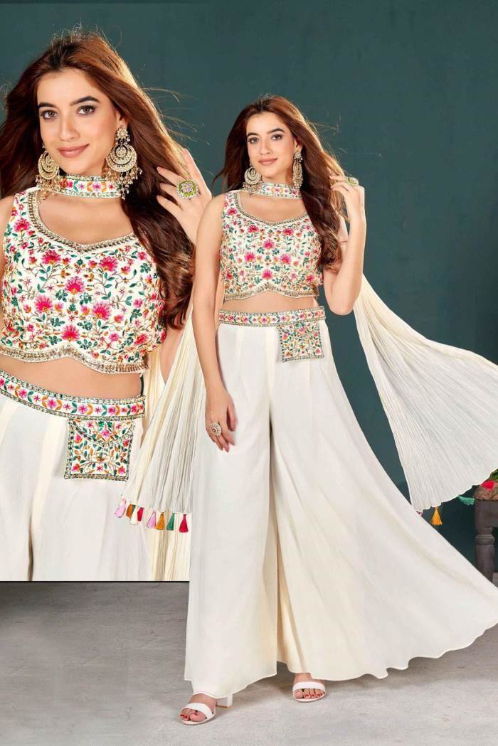 Offwhite Color Party Wear Designer Indo-Western Plazo With Choli