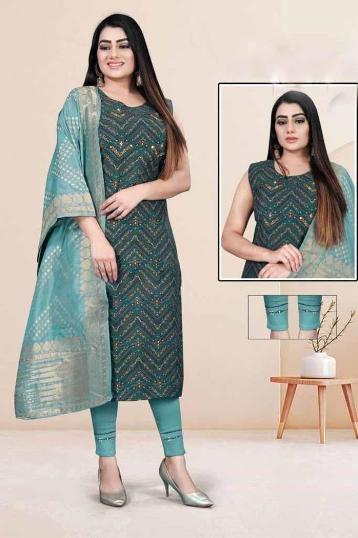 Peacock Color Party Wear Designer Kurti Set