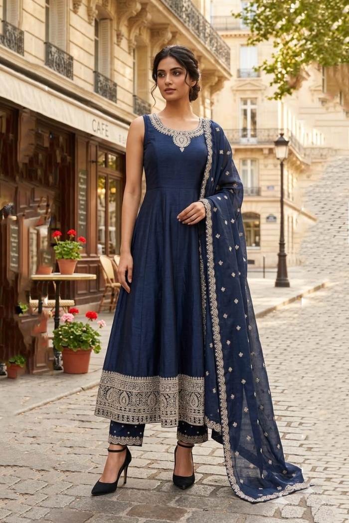 Navy Colour Party Wear Designer Straight Long Suit