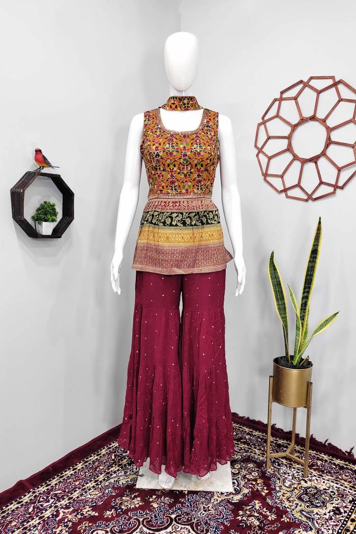 Mustard Color Party Wear Dessigner Indo-Western Plazo Suit