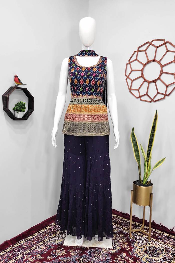Wine Color Party Wear Dessigner Indo-Western Plazo Suit
