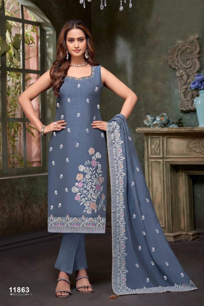 Grey Color Party Wear Designer Straight Long Suit