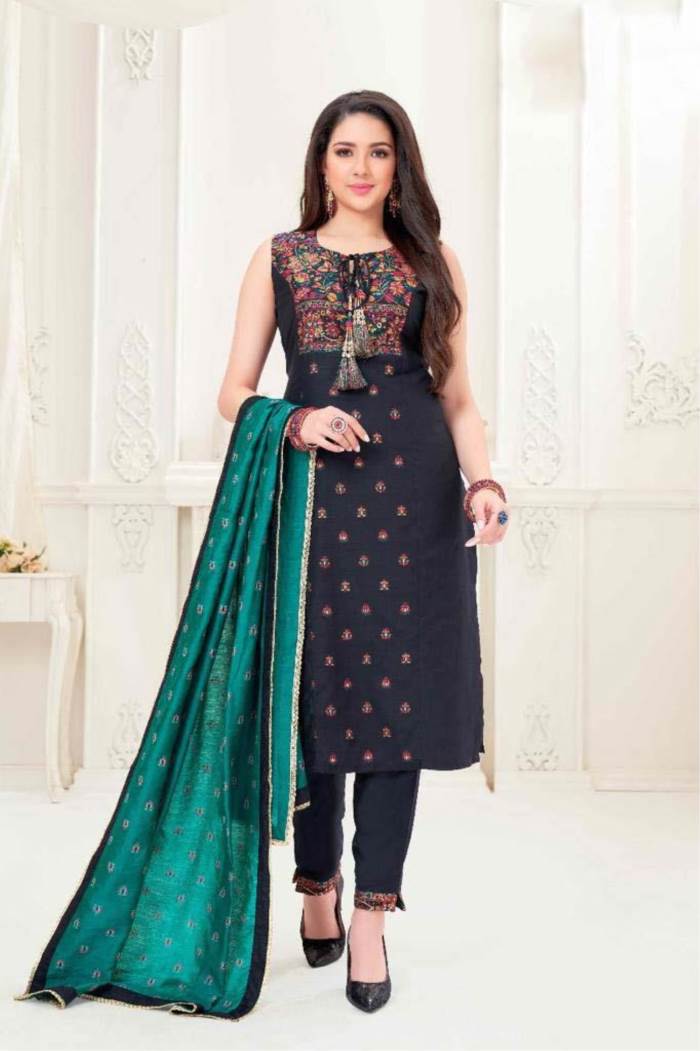 Navy Color Party Wear Designer Straight Long Suit