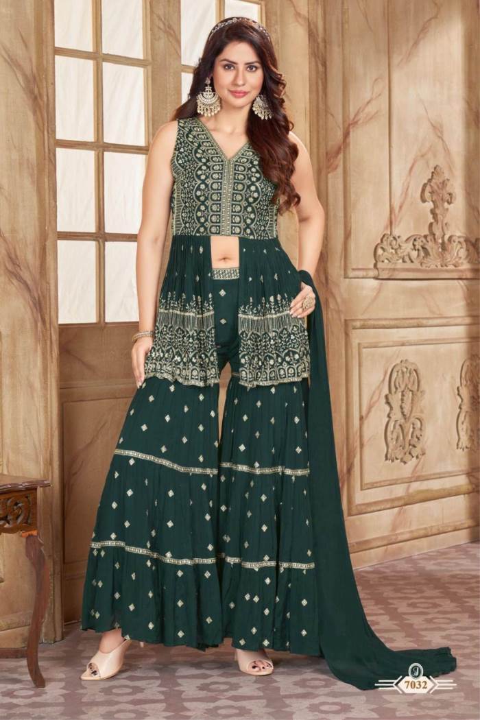 Green Color Party Wear Designer Indo-Western Plazo Suit