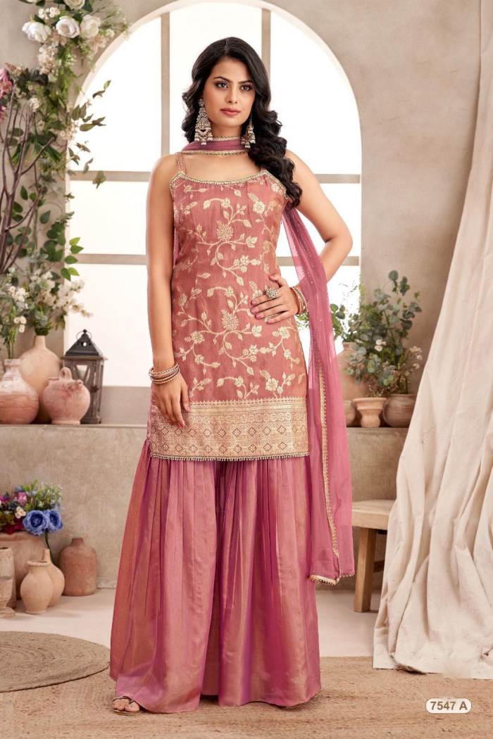 Peach Color Party Wear Designer Indo-Western Plazo Suit