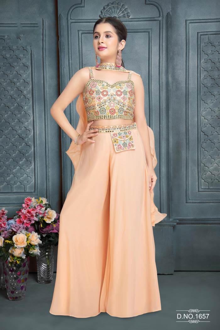 Peach Color Party Wear Designer Indo-Wstern Plazo Suit