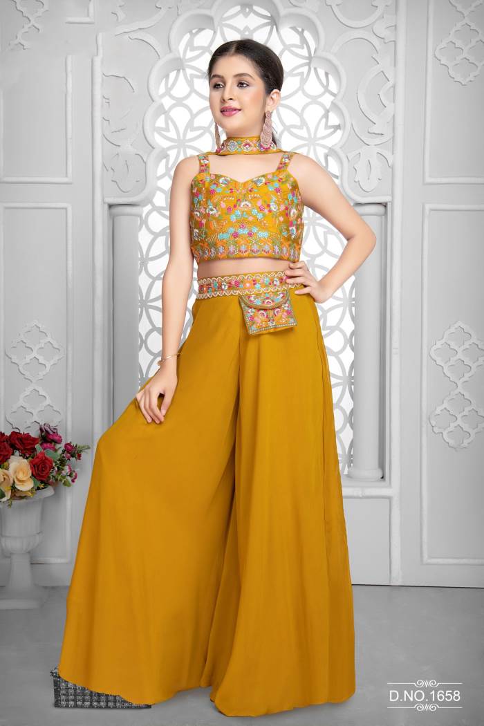 Mustard Color Party Wear Designer Indo-Western Plazo Suit
