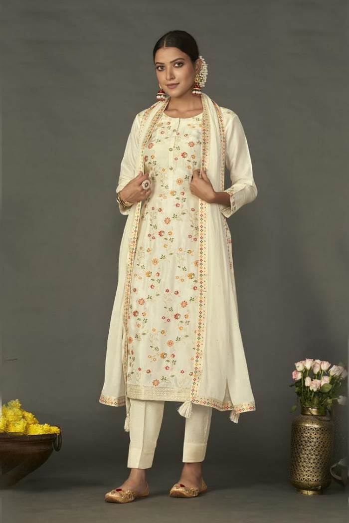 Cream Color Party Wear Designer Straight Long Suit