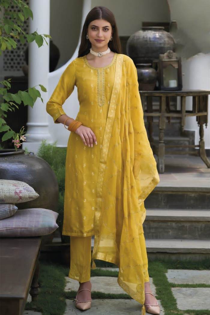 Yellow Color Party Wear Designer Straight Long Suit