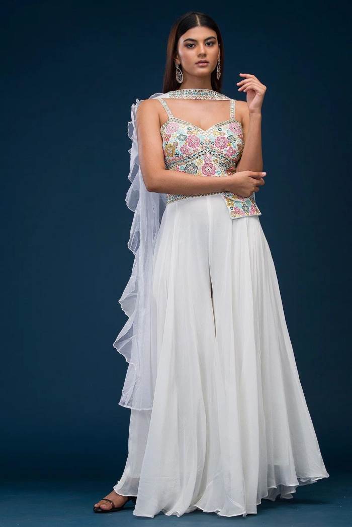 White Color Party Wear Designer Indo-Western Plazo With Choli