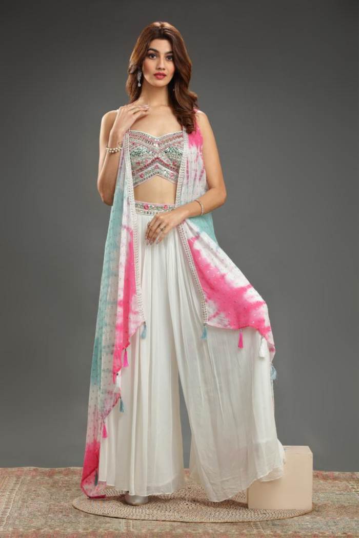 White Color Party Wear Designer Indo-Western Plazo With Koti