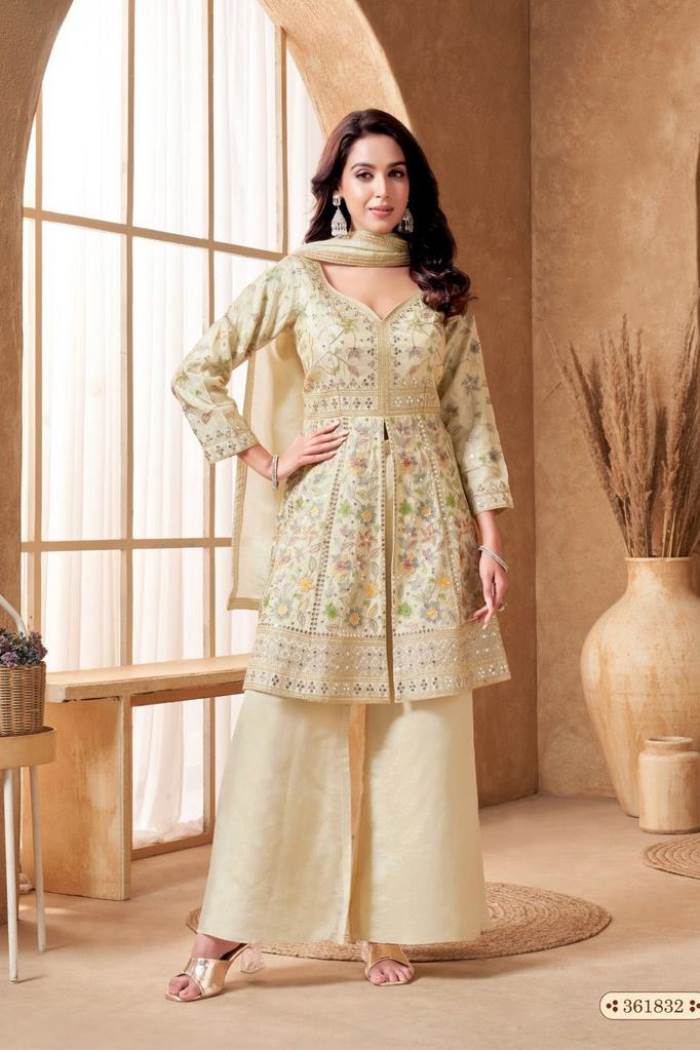 Cream Color Party Wear Designer Indo-Western Plazo Suit