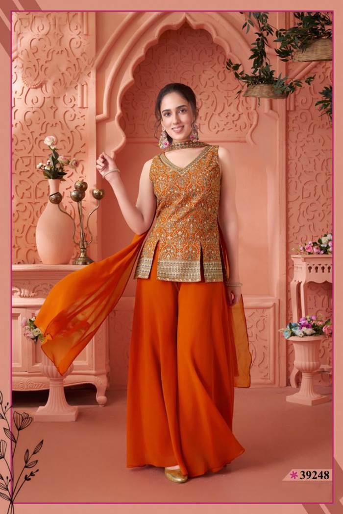 Rust Color Party Wear Designer Indo-Western Plazo Suit