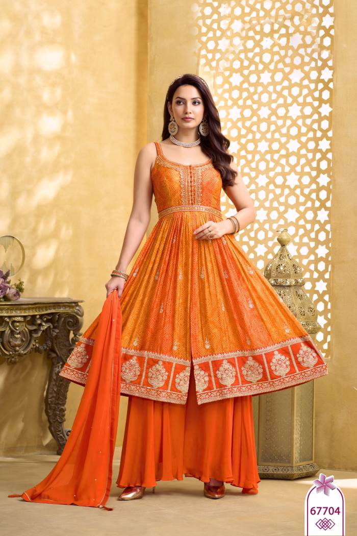 Orange Color Party Wear Designer Indo-Western Plazo Suit