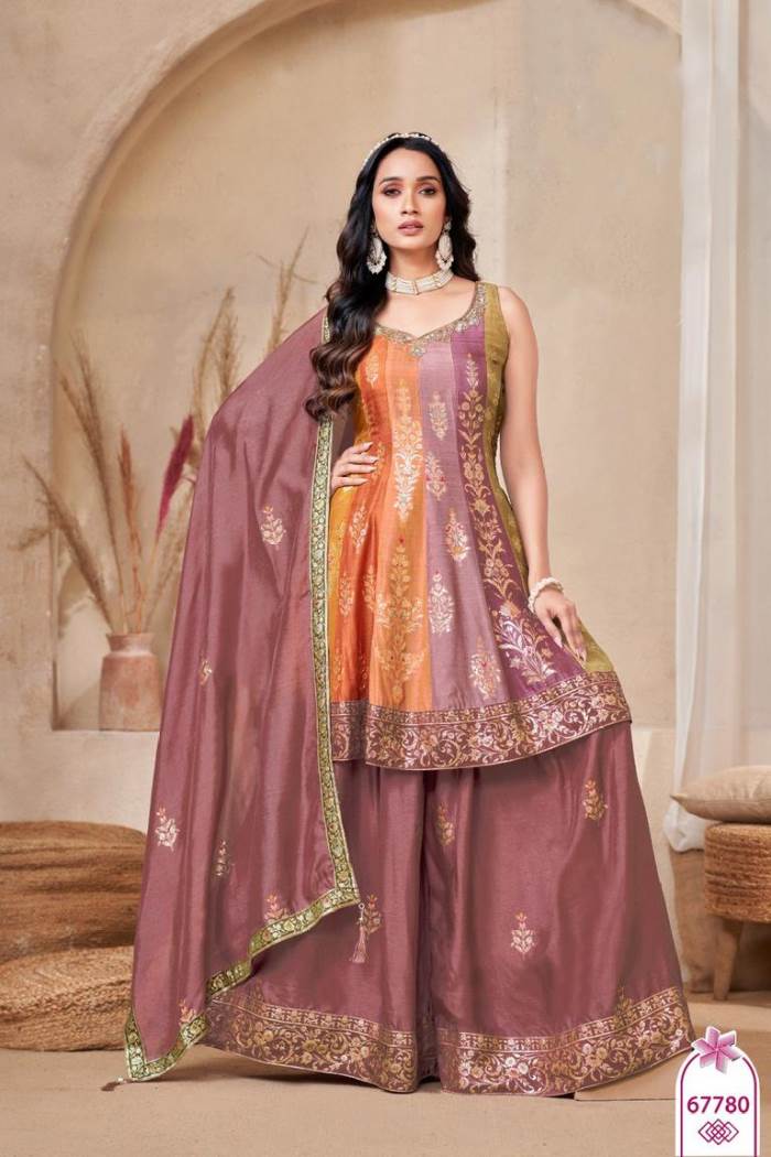 Onion Colour Designer Jacquard Weaving Work Party Wear Indo-Western Suit