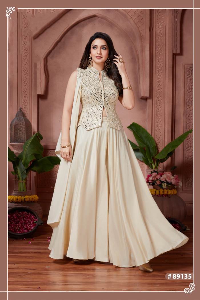 Cream Color Party Wear Designer Indo-Western Plazo Suit