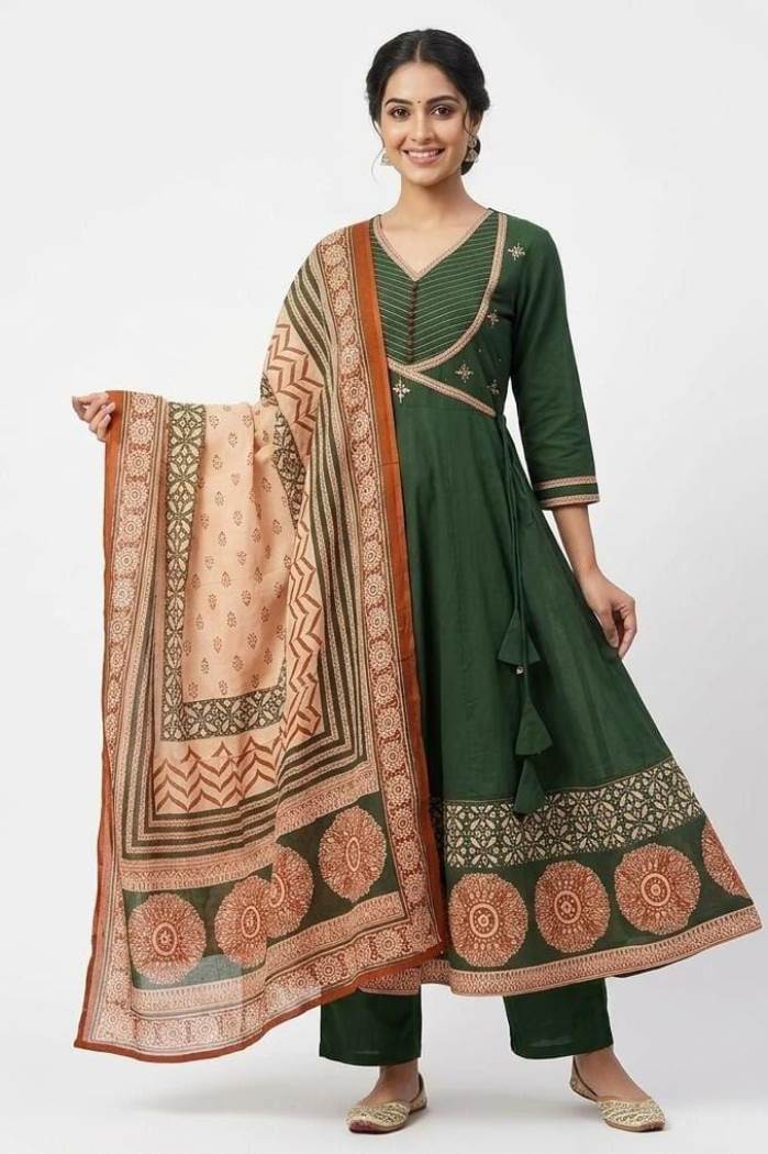 Green Colour Designer Anarkali Style Kurti Set With Dupatta