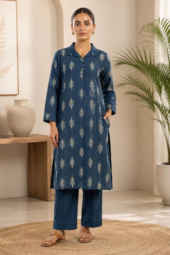 Blue Colour Casual Collection Pure Cotton Kurti Set With Plazo