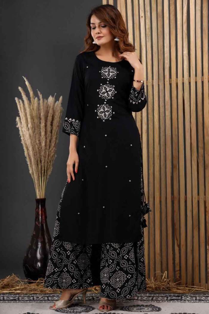 Ethnic Embroidered Straight Fit Kurta with Palazzo - Black – FASHOR